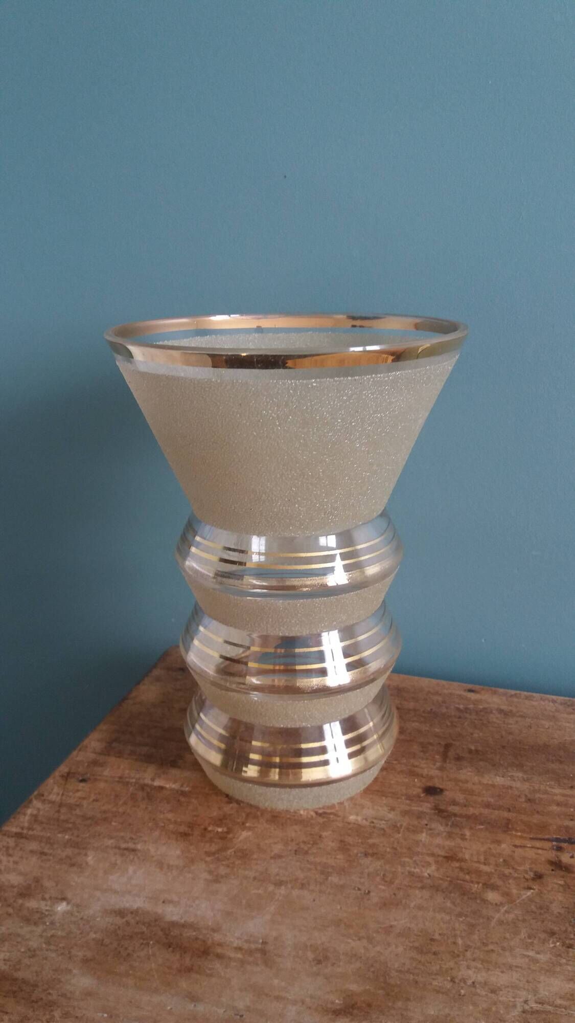 Frosted glass vase with a champagne finish and gold trim Art Deco