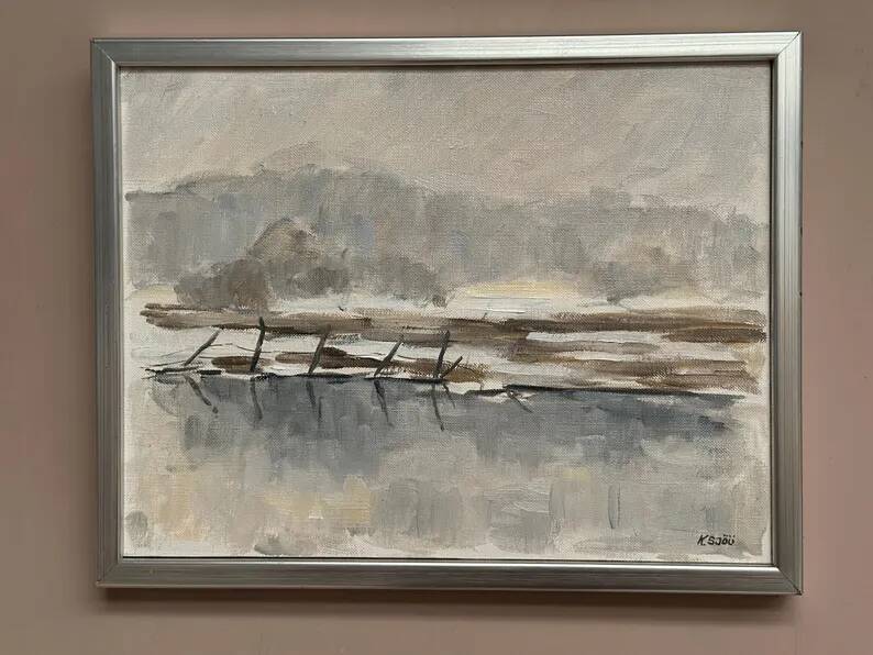 Original Swedish Oil on Canvas – “Lanskap” by K. Sjöö – Vintage & Framed – 37.5 × 29.5 cm (14.7" × 11.6")