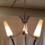 Modernist chandelier with 3 lights in gold and black metal, opaline tulip - 50s