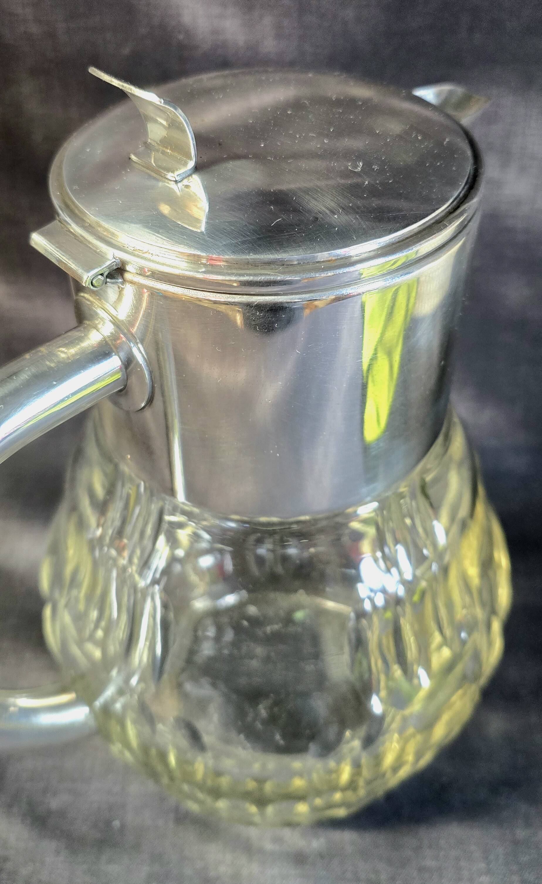 WMF jug / glass and silver-plated metal pouring vessel with filter, 1930s/40s