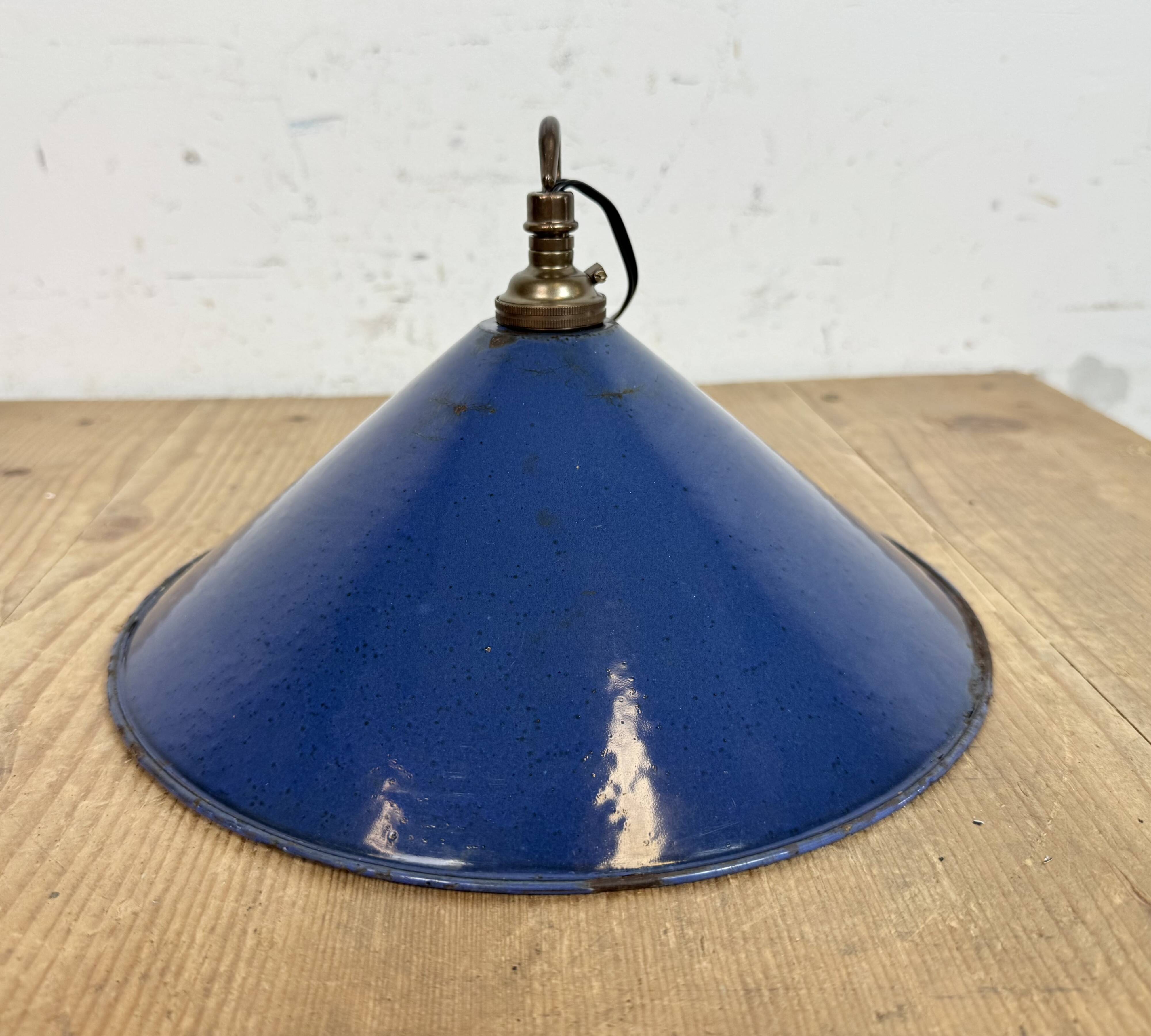 Industrial British Blue Enamel Factory Pendant Lamp, 1950s