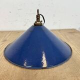 Industrial British Blue Enamel Factory Pendant Lamp, 1950s