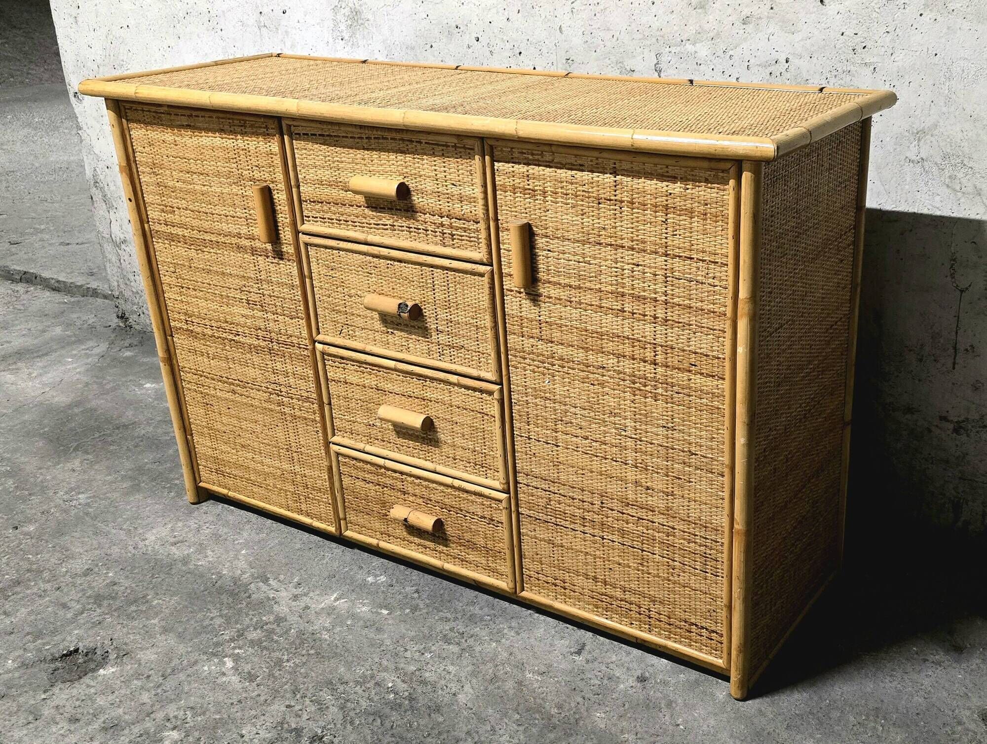Vintage woven rattan and natural bamboo sideboard - Italy 1970s
