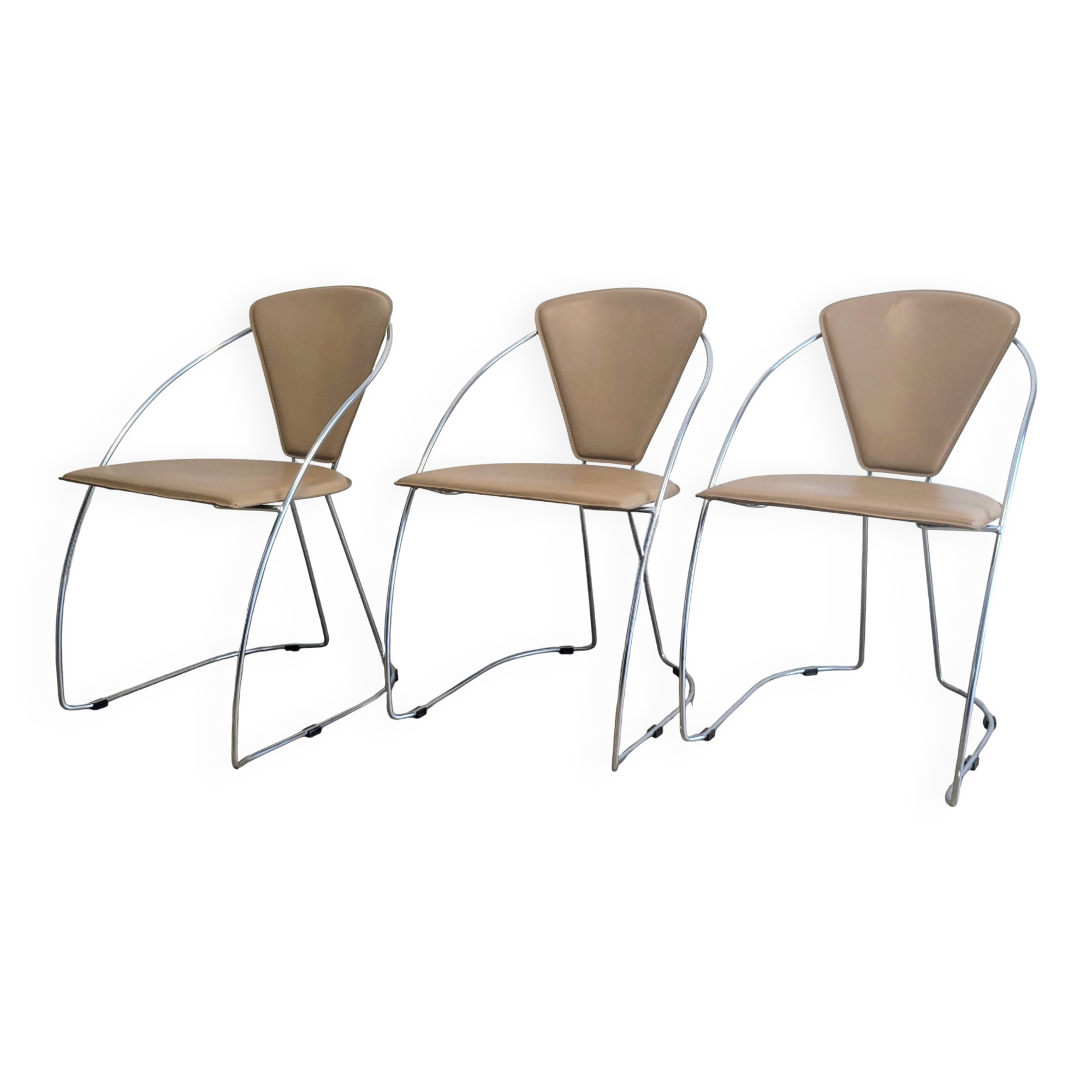 Set of 3 Linda chairs by Arrben – beige faux leather and chrome steel – 1980s