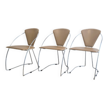 Set of 3 Linda chairs by Arrben – beige faux leather and chrome steel – 1980s