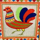 70s rooster tapestry, wooden frame