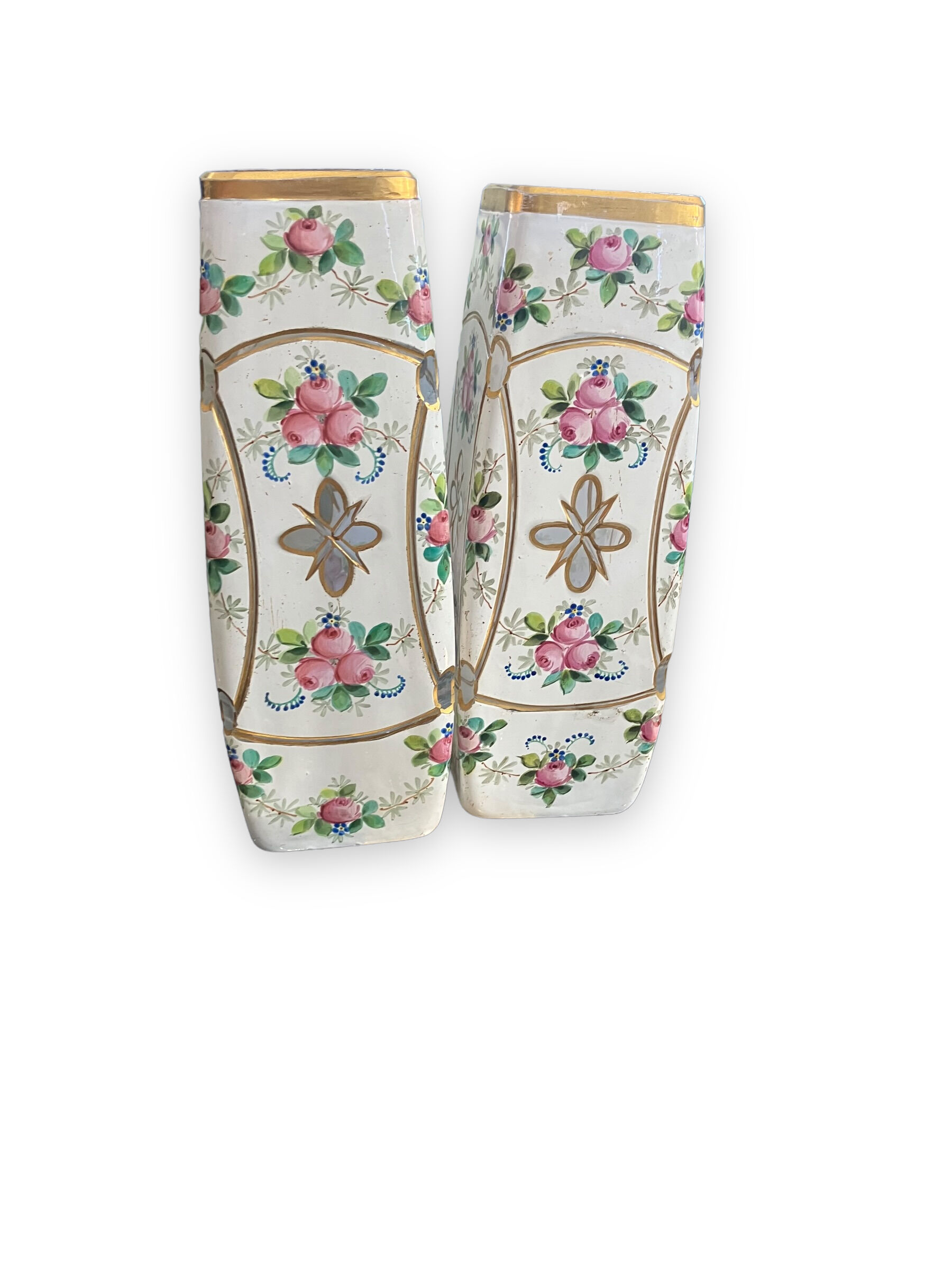 Pair of vases in enamelled and gilded crystal Rose motifs