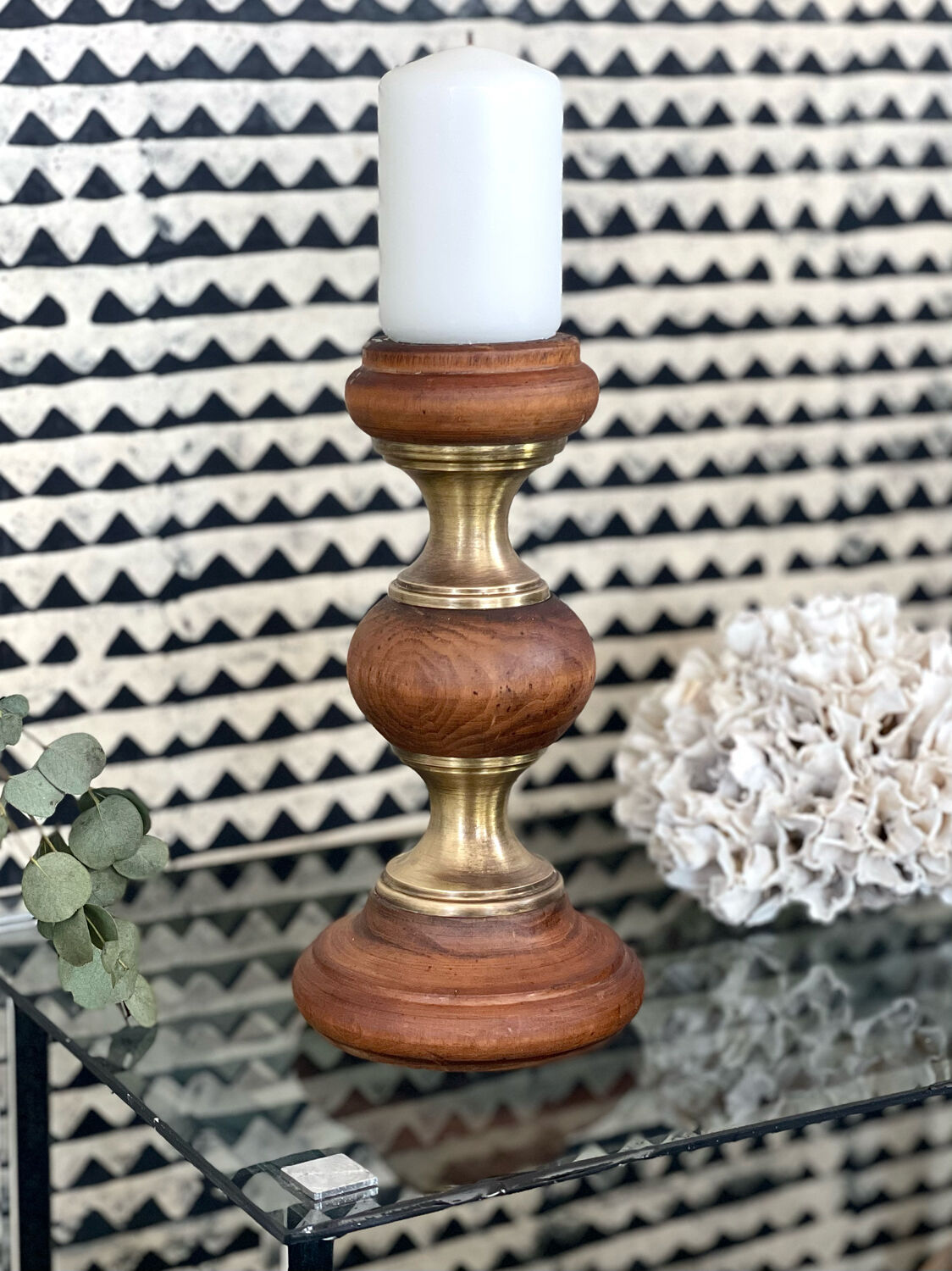 Wood and brass candle holder 1970