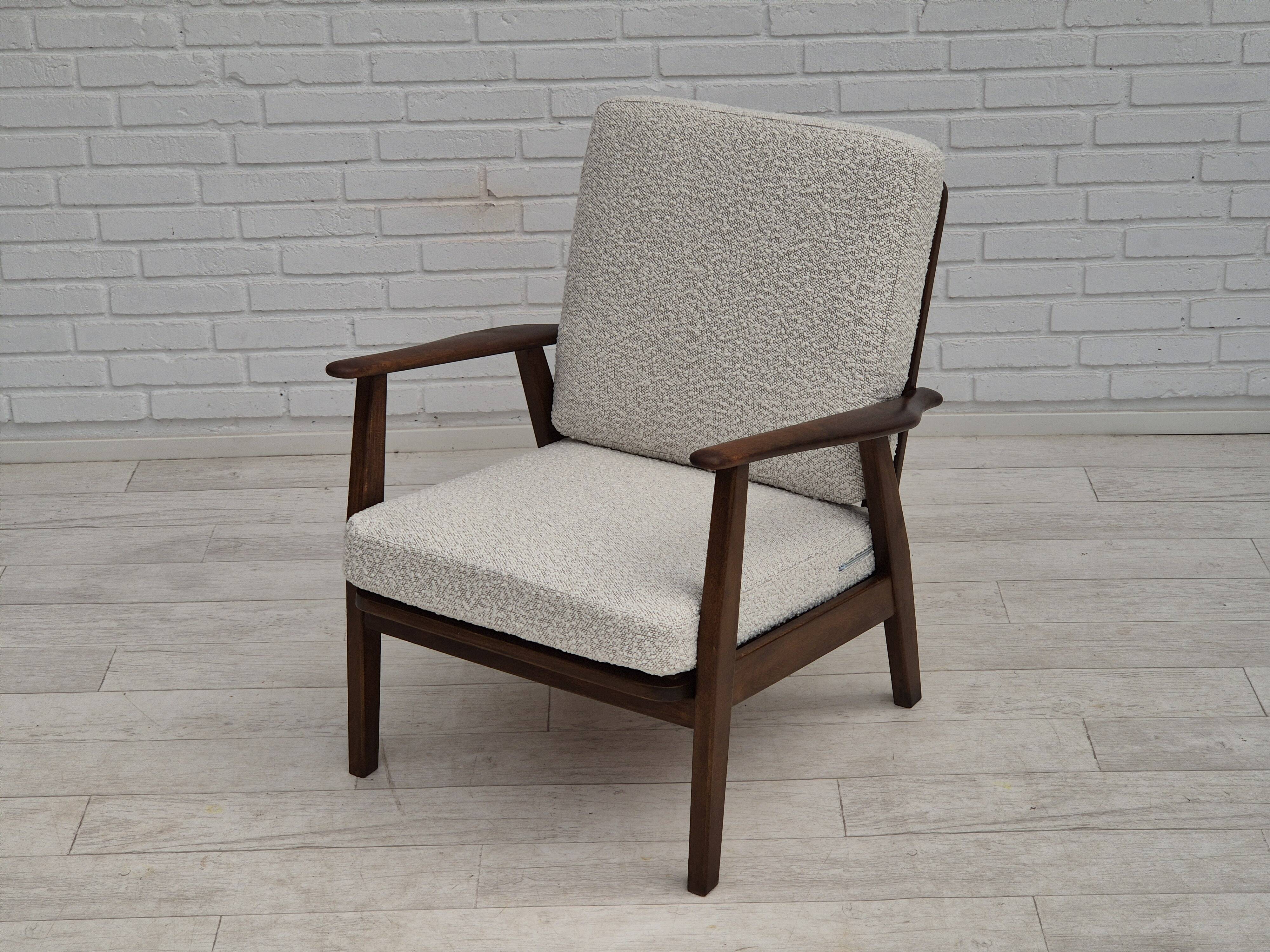1960s, Danish armchair, refurbished, quality white/grey furniture fabric.
