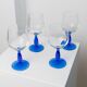 Set of 4 vintage Italian glass wine glasses, clear bowls with royal blue stems, 1980s MCM style
