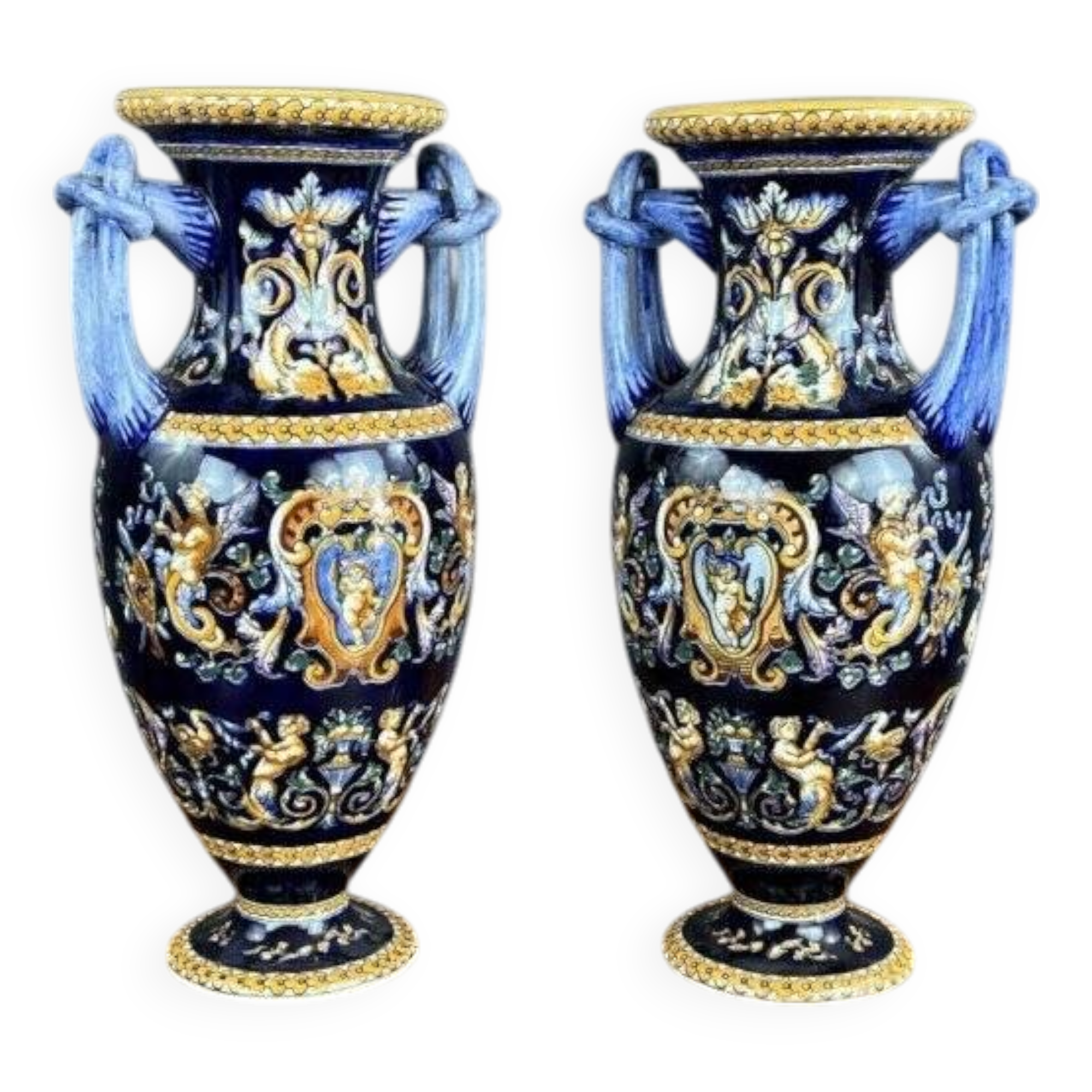 Pair of Gien Ceramic Vases Magnificent Renaissance Decor 20th Century