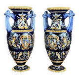 Pair of Gien Ceramic Vases Magnificent Renaissance Decor 20th Century