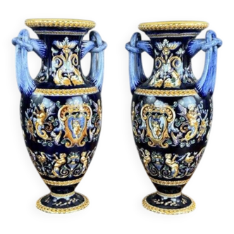 Pair of Gien Ceramic Vases Magnificent Renaissance Decor 20th Century