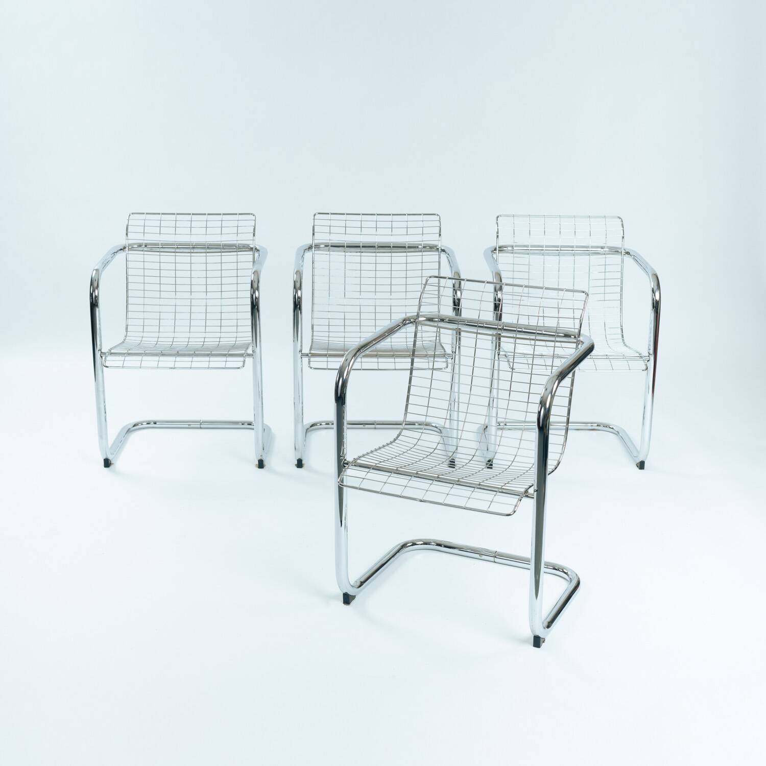 set of 4 Italian Wire Chairs, Chrome & Metallic Thread, 1974