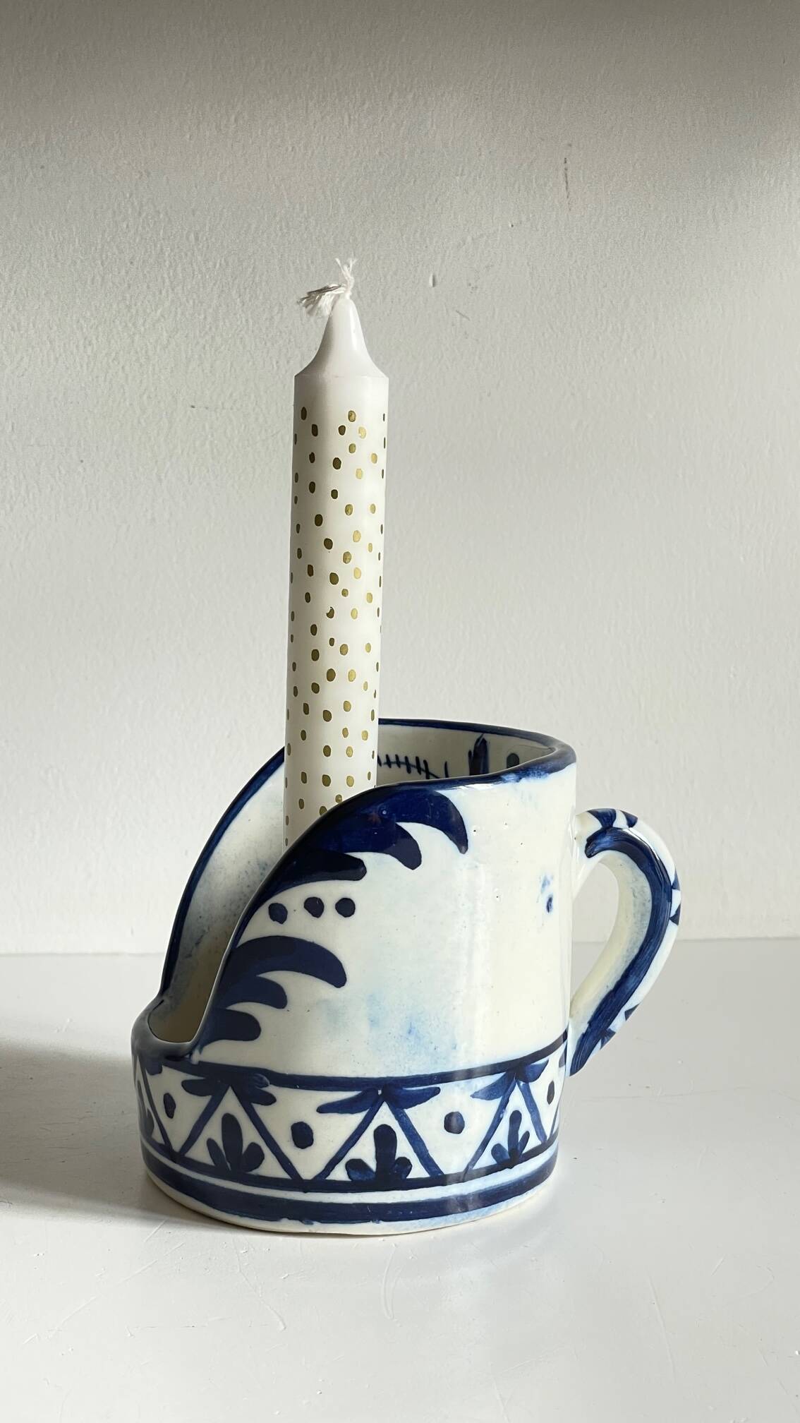 Blue ceramic hand candle holder vintage craft