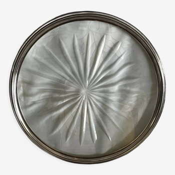 Plat à tarte de service en cristal ciselé bord en argent