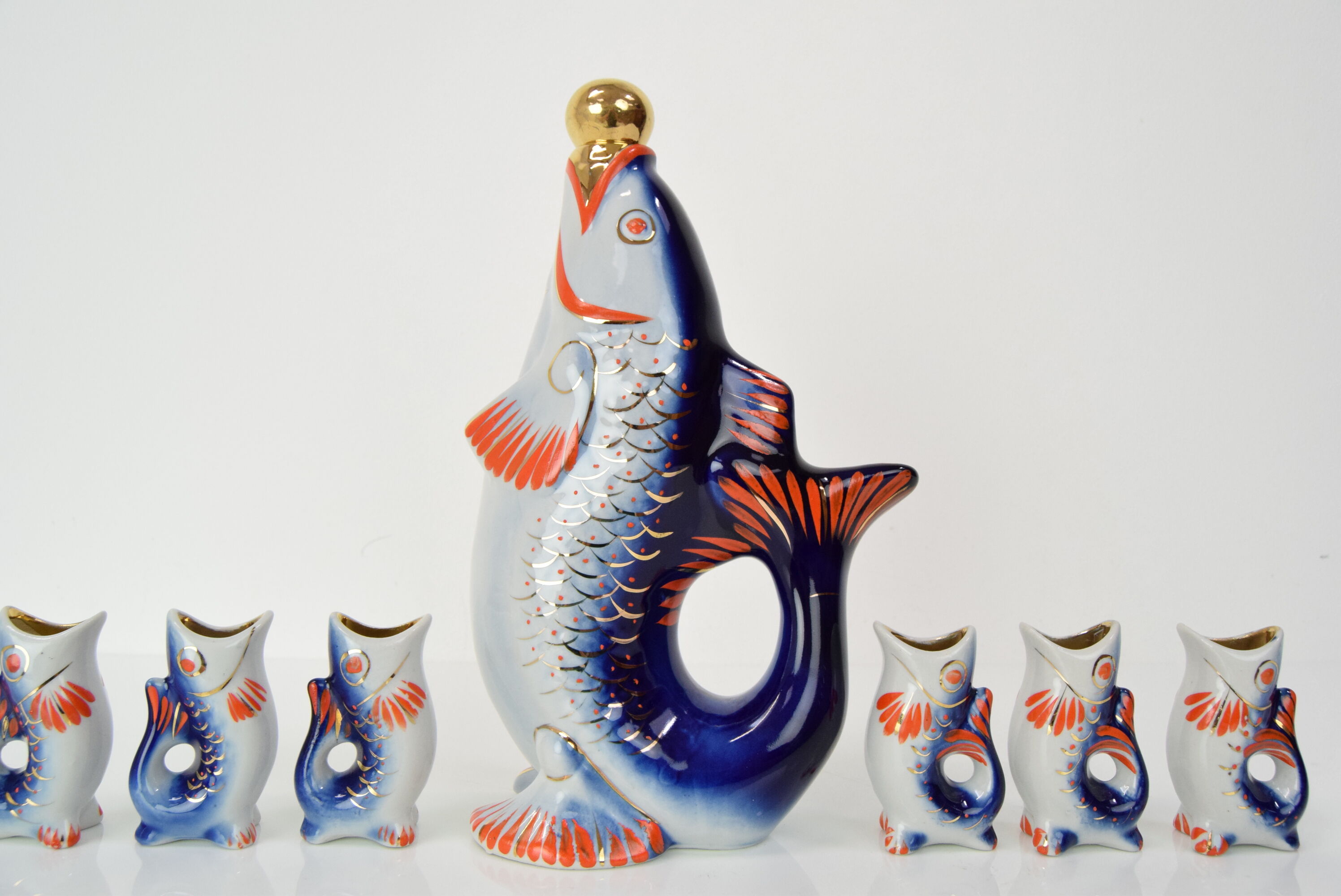 Fish decanter soviet drinking set porcelain fish carafe shots glass,1950's.