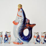 Fish decanter soviet drinking set porcelain fish carafe shots glass,1950's.