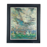 French school of the 20th century. The regattas. Oil on cardboard.