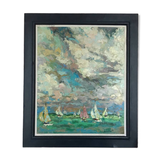 French school of the 20th century. The regattas. Oil on cardboard.