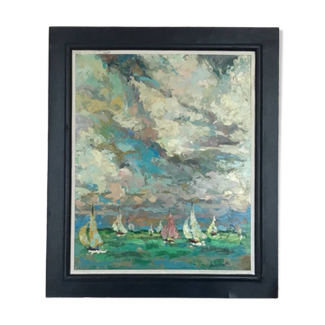 French school of the 20th century. The regattas. Oil on cardboard.