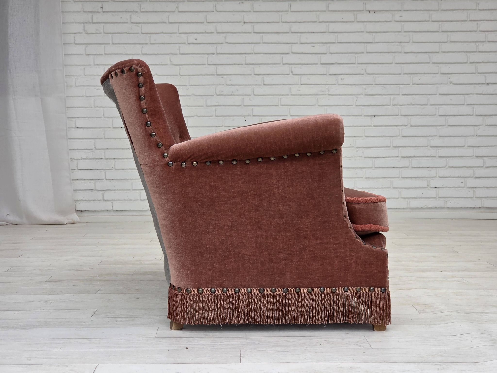 1970s, Danish 2-seater sofa, salmon pink furniture velour, beech wood.