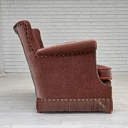 1970s, Danish 2-seater sofa, salmon pink furniture velour, beech wood.