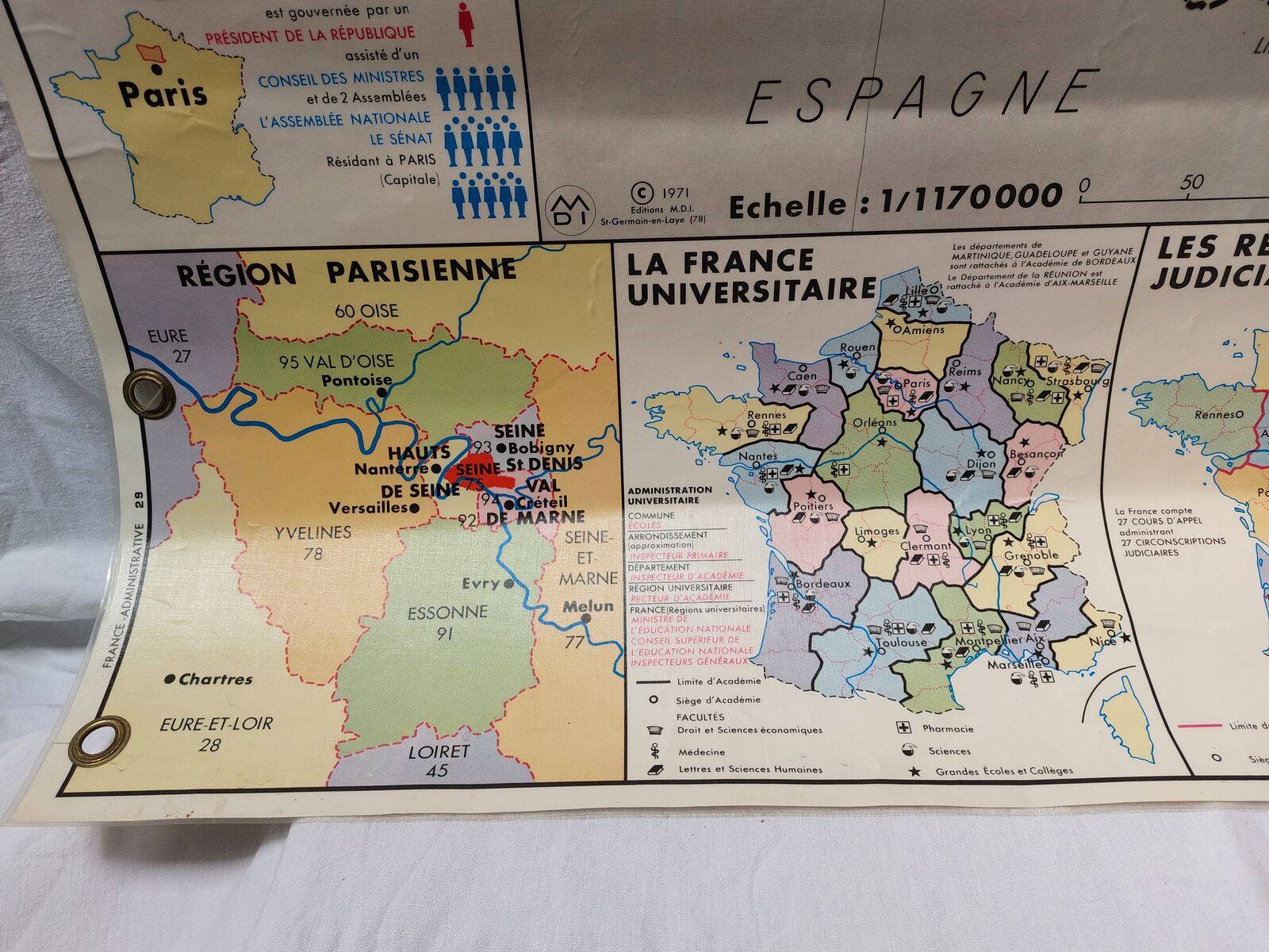 Vintage school map MDI double-sided France administrative & railways