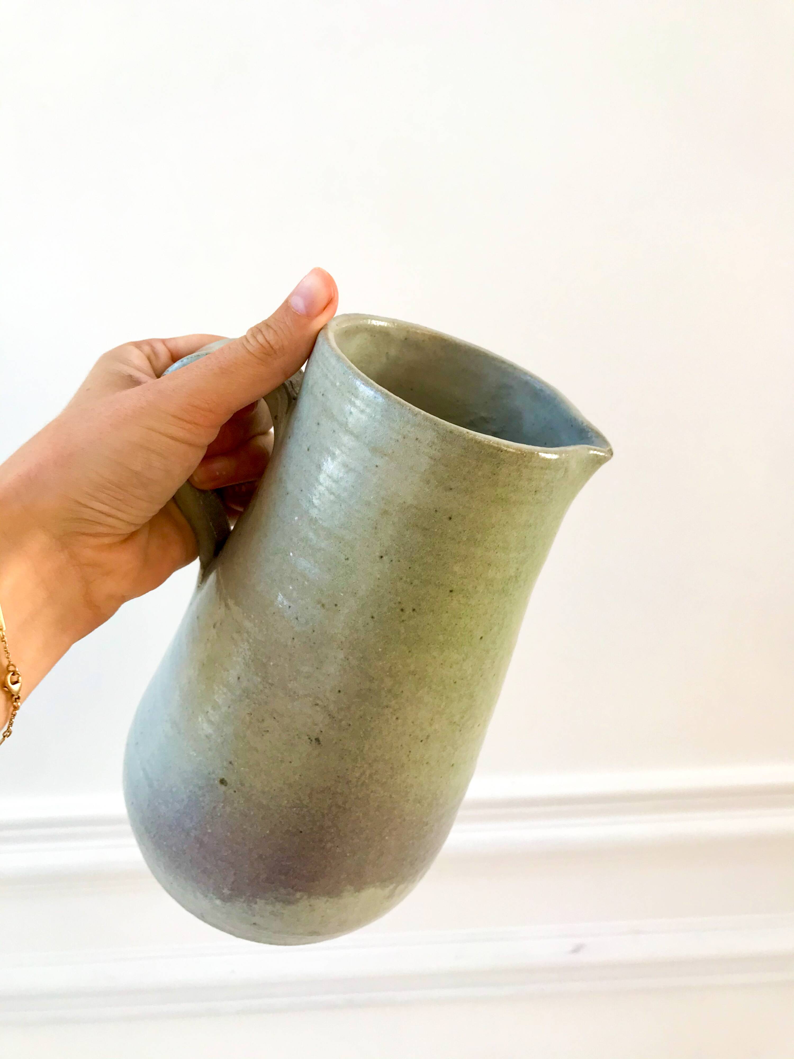 blue stoneware pitcher artisanal pottery 70s