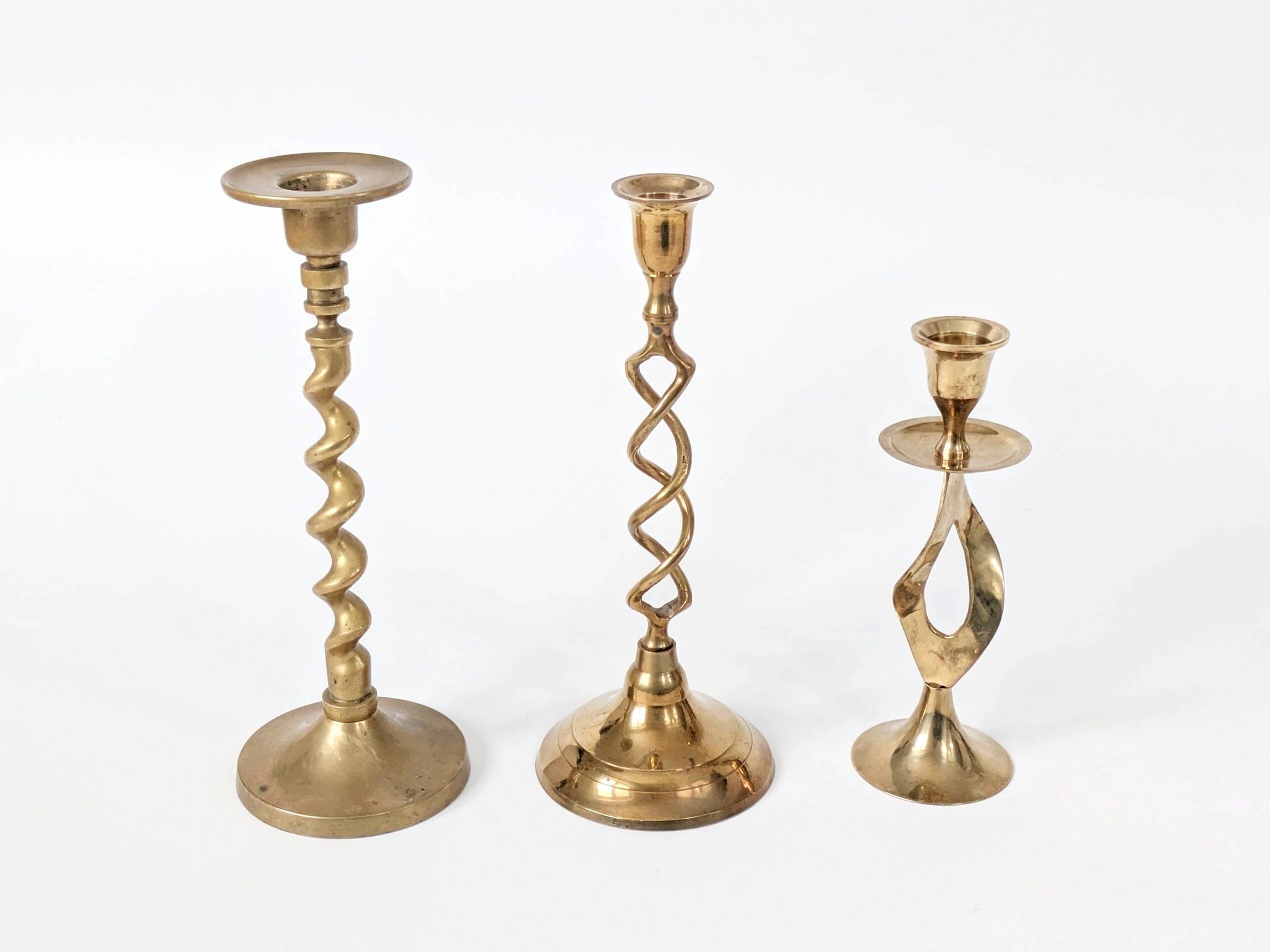 Set of 3 Vintage Twisted Brass Candle Holders, Midcentury
