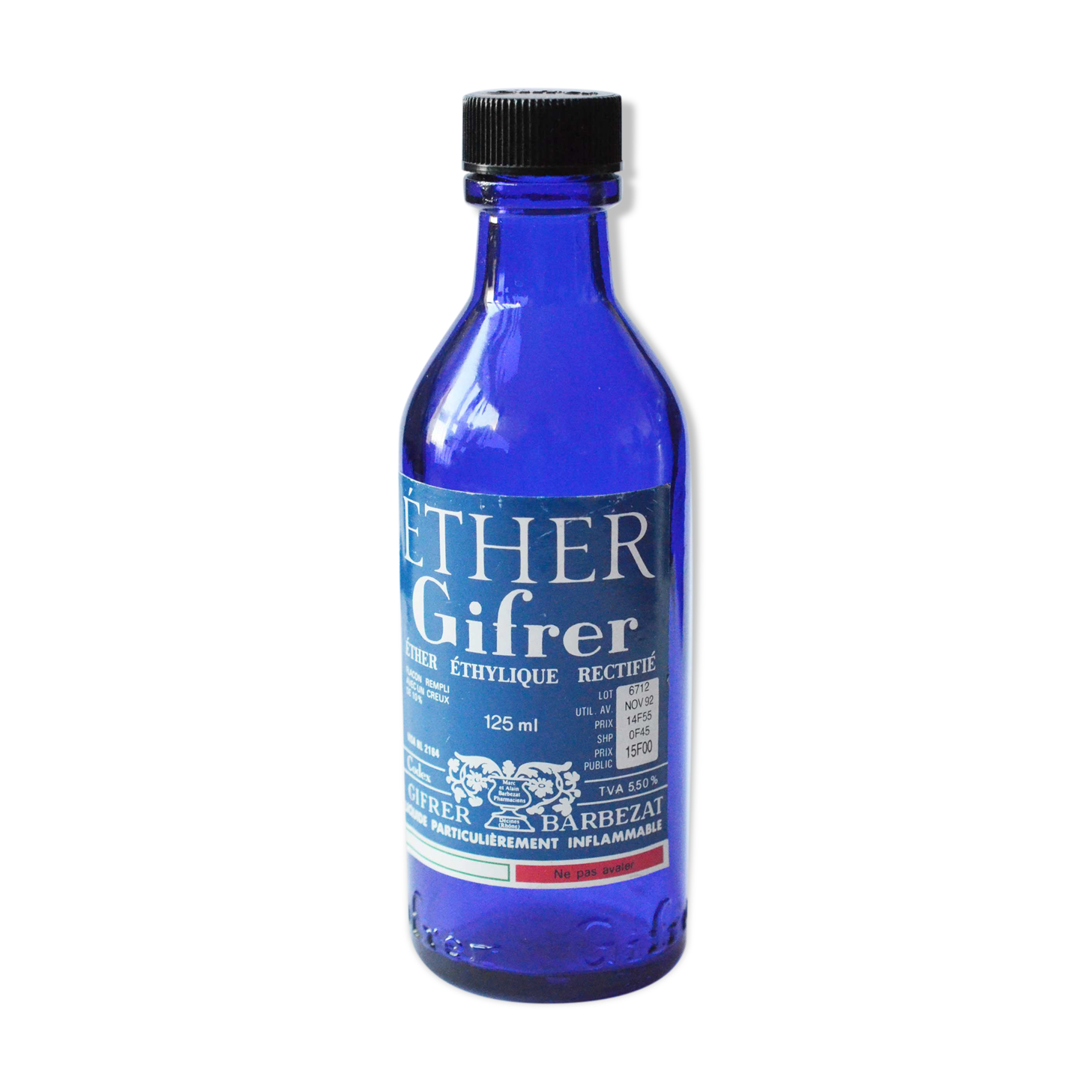 Flacon en verre bleu d'ether