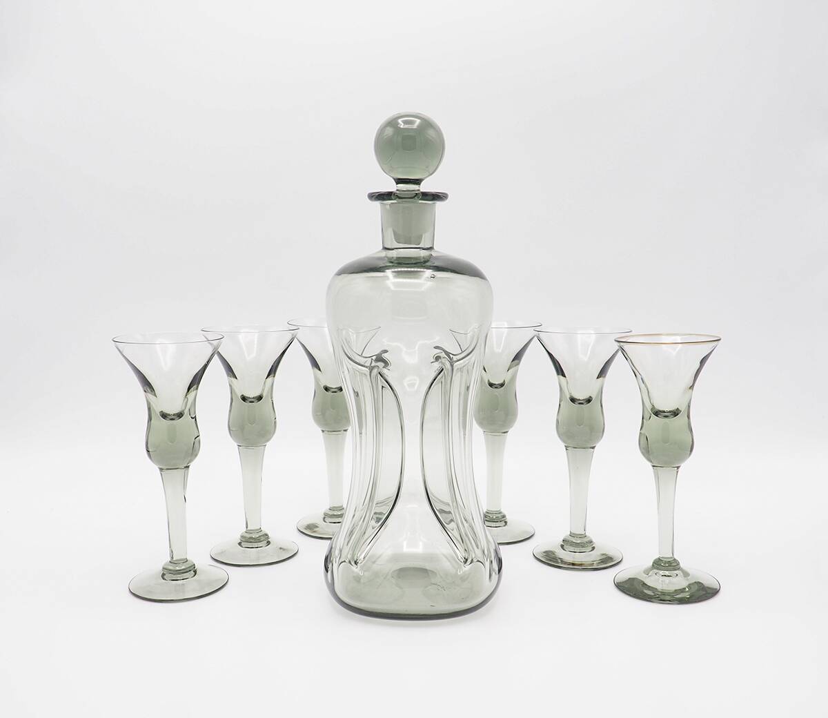 Decanter and Cordial Glasses in Grey Smoked Glass from Holmegaard Denmark, 1950s, Set of 7