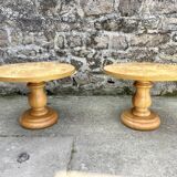 Paire de tables basses rondes, placage loupe 1980