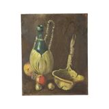 Still Life with Wine and Fruit Painting Oil on Canvas Signed