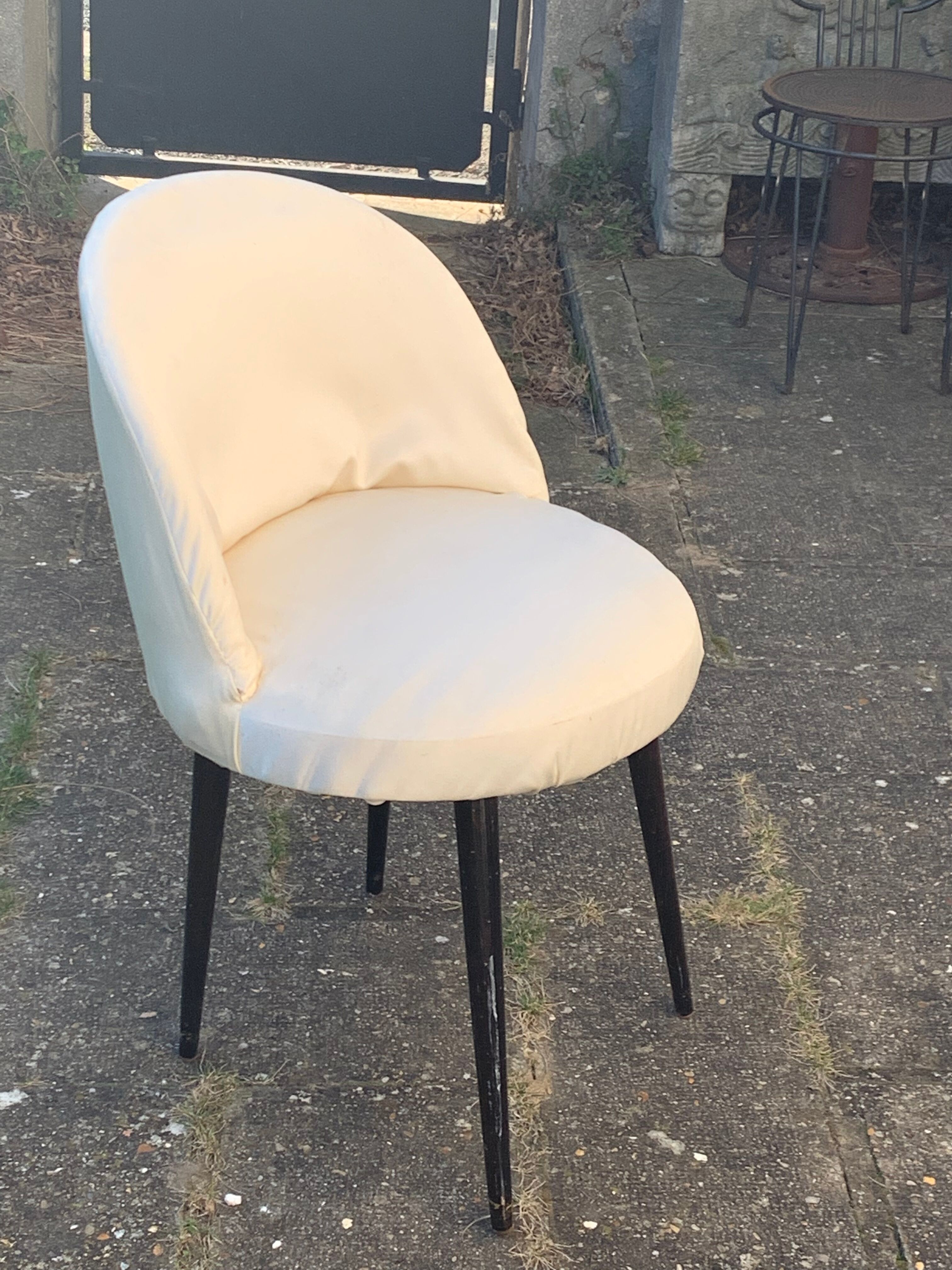 Vintage 1950s white satin armchair with compass legs