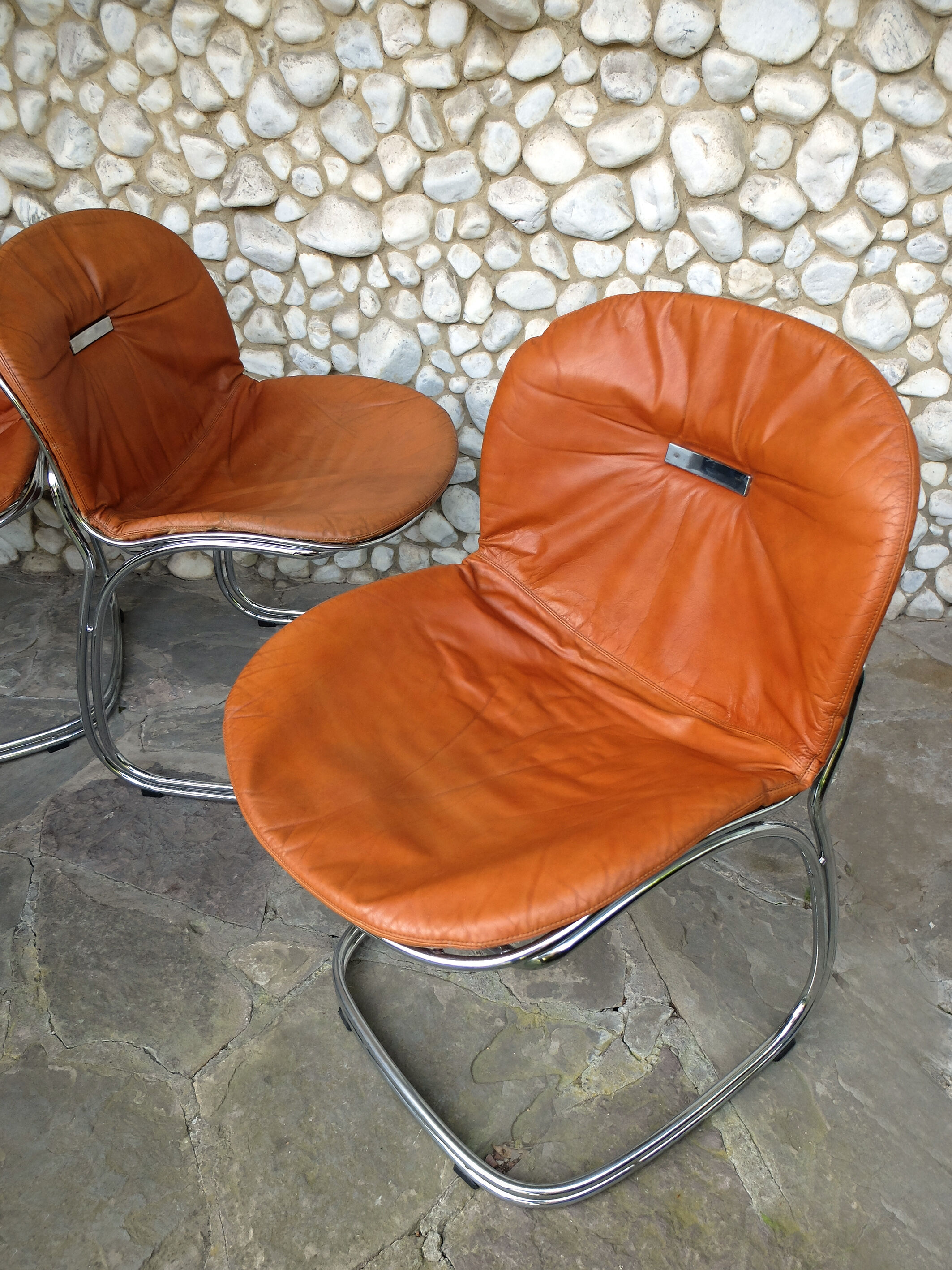 Seérie of 4 chairs Sabrina design Gastone Rinaldi for Rima, tawny leather, 1970