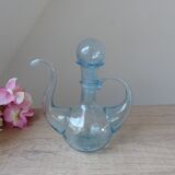 Ensemble Petits Huilier et Vinaigrier en Verre Bullé et Soufflé Bleu Signé Biot