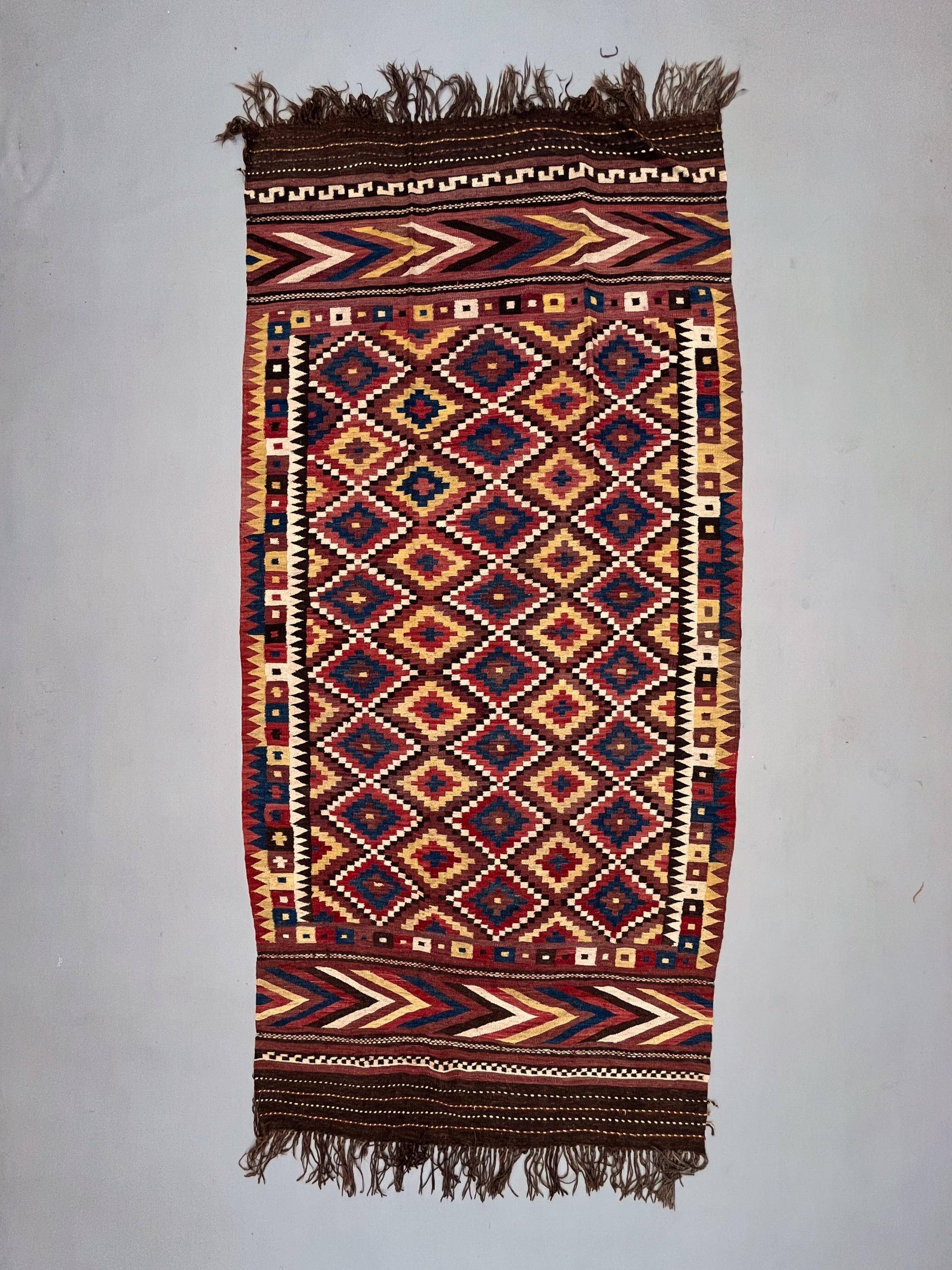 Vintage Afghan Tribal Kilim Wool Rug 390x185 cm Red, Orange, Brown, Black Large