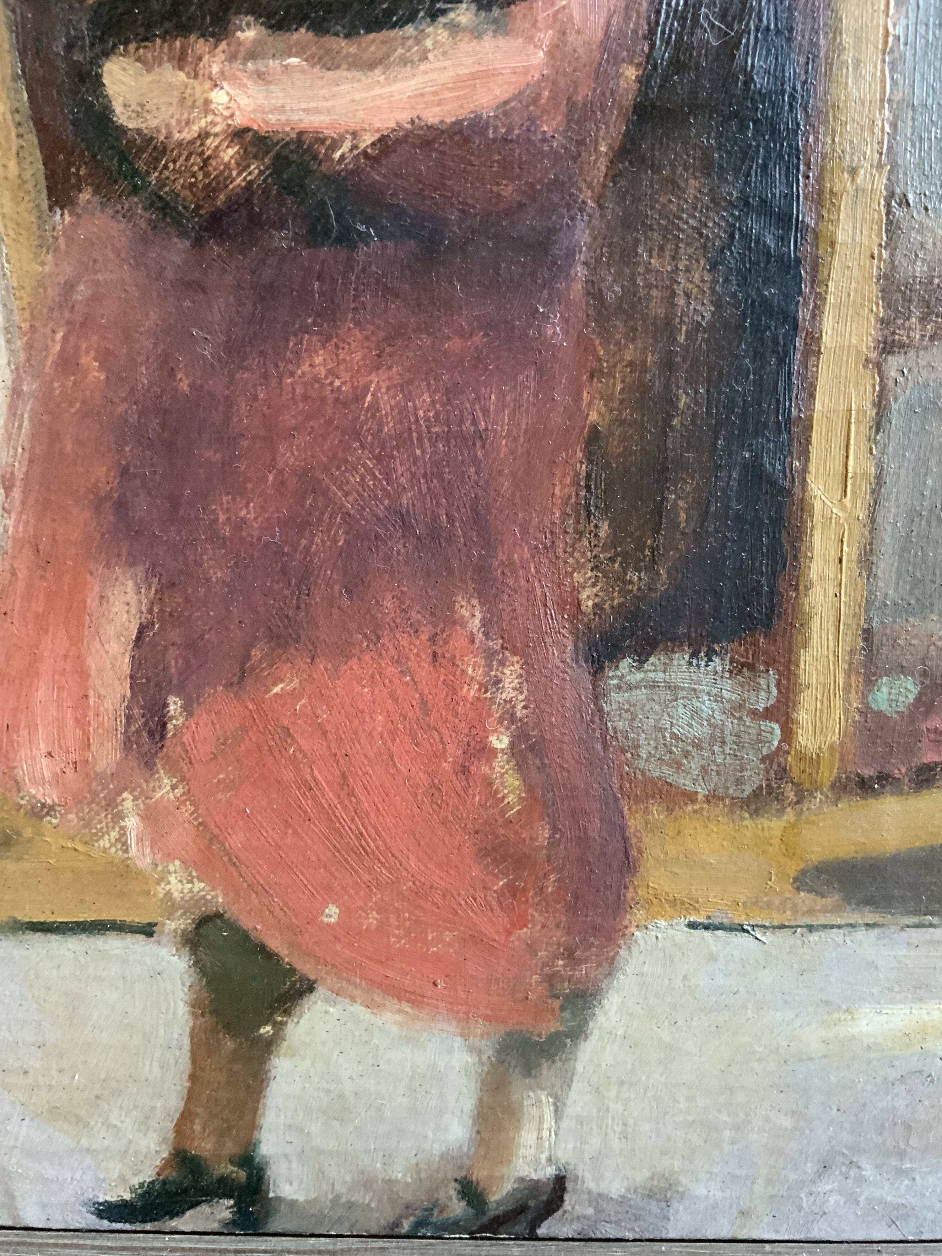 Vintage Oil On Canvas Interior with Woman Signed By Artist W.S., circa 1950s