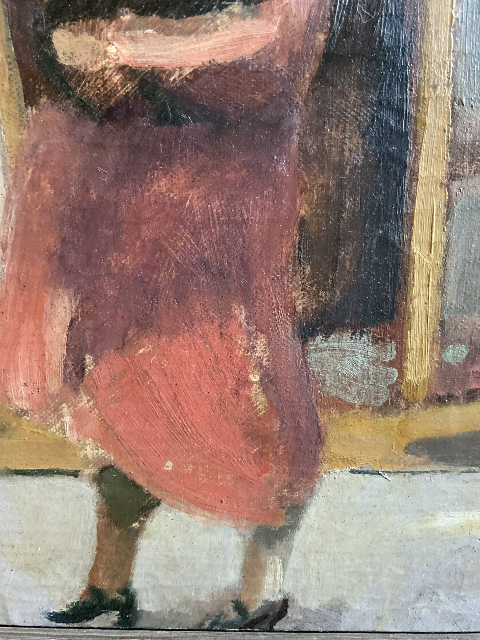 Vintage Oil On Canvas Interior with Woman Signed By Artist W.S., circa 1950s