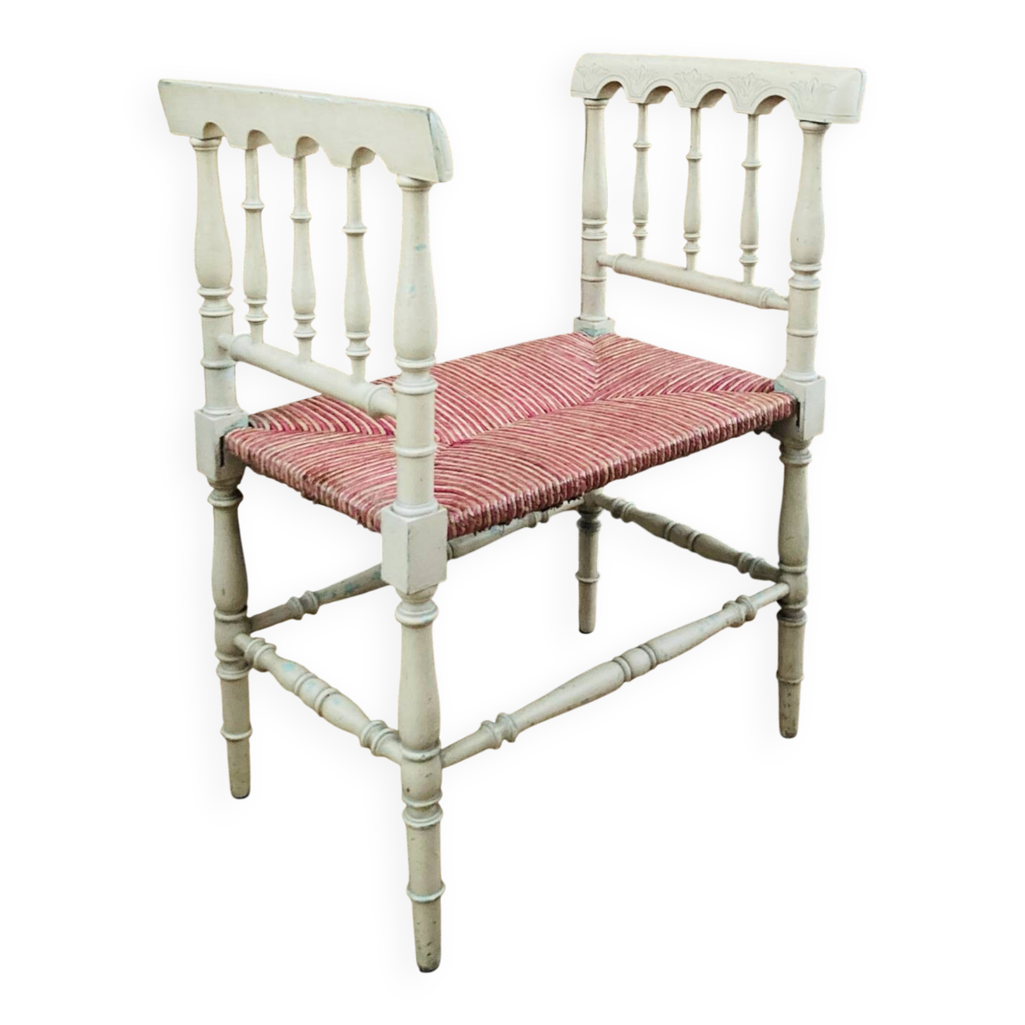Banquette époque fin XIXe assise en paille colorée structure rechampie