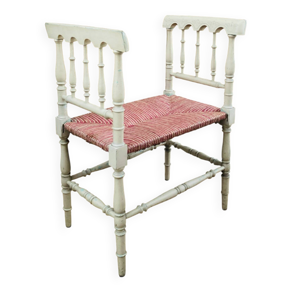 Banquette époque fin XIXe assise en paille colorée structure rechampie