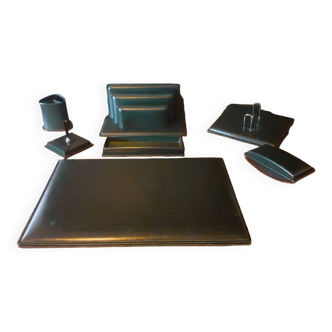 Vintage 7 Piece Office Set from the 50s in Green Leather "Le Tanneur".