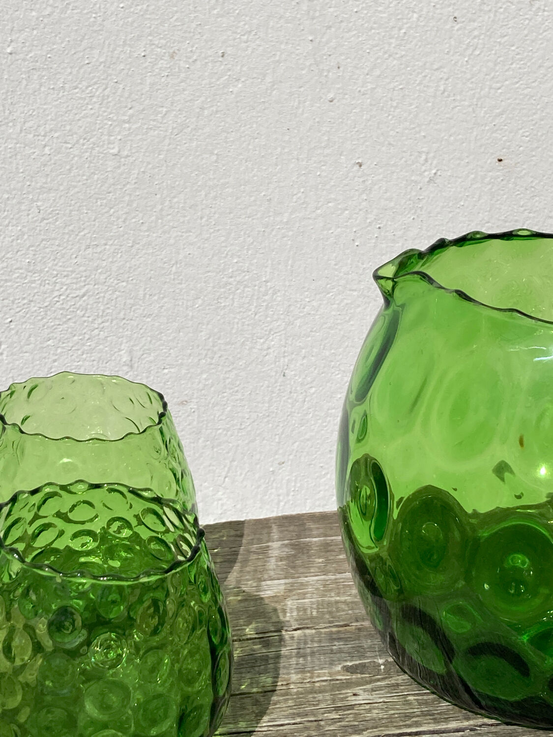 4 green water glasses and vintage blown glass carafe