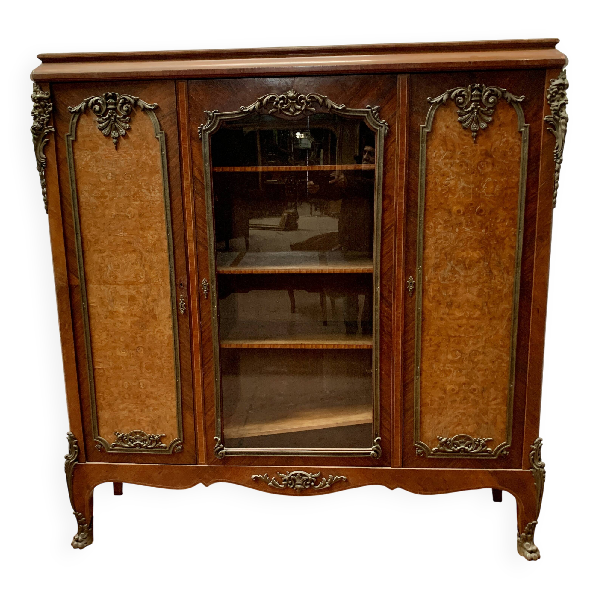Louis XV style bookcase in mahogany and burr walnut, 20th century