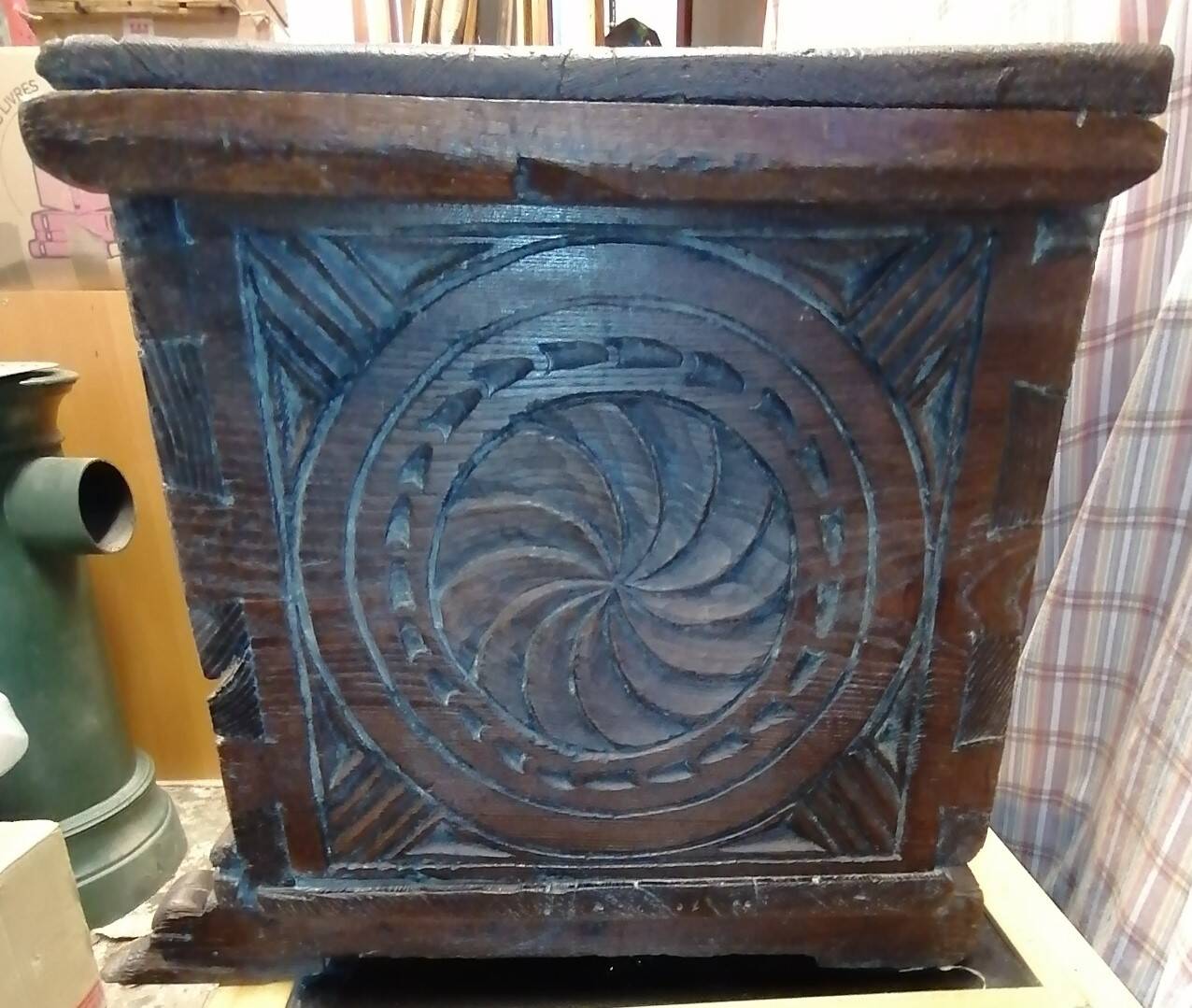 18th century high mountain chest, in solid oak and forged parts.