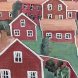 Peinture à l’huile de paysage de style naïf suédois du milieu du siècle, encadrée