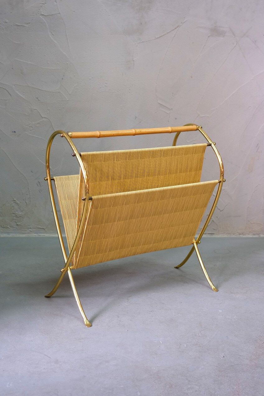 Mid-Century Modern Brass and Bamboo Magazine Rack, Austria 1950s
