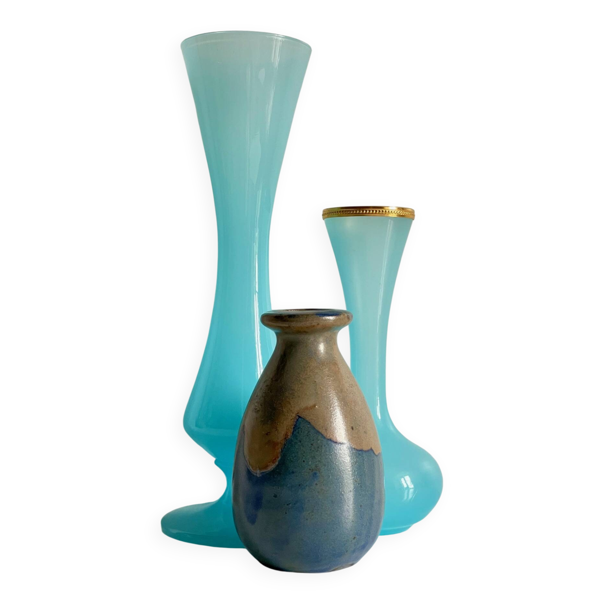 VASES Bleu Océan Grès Verre OPALIN Vintage