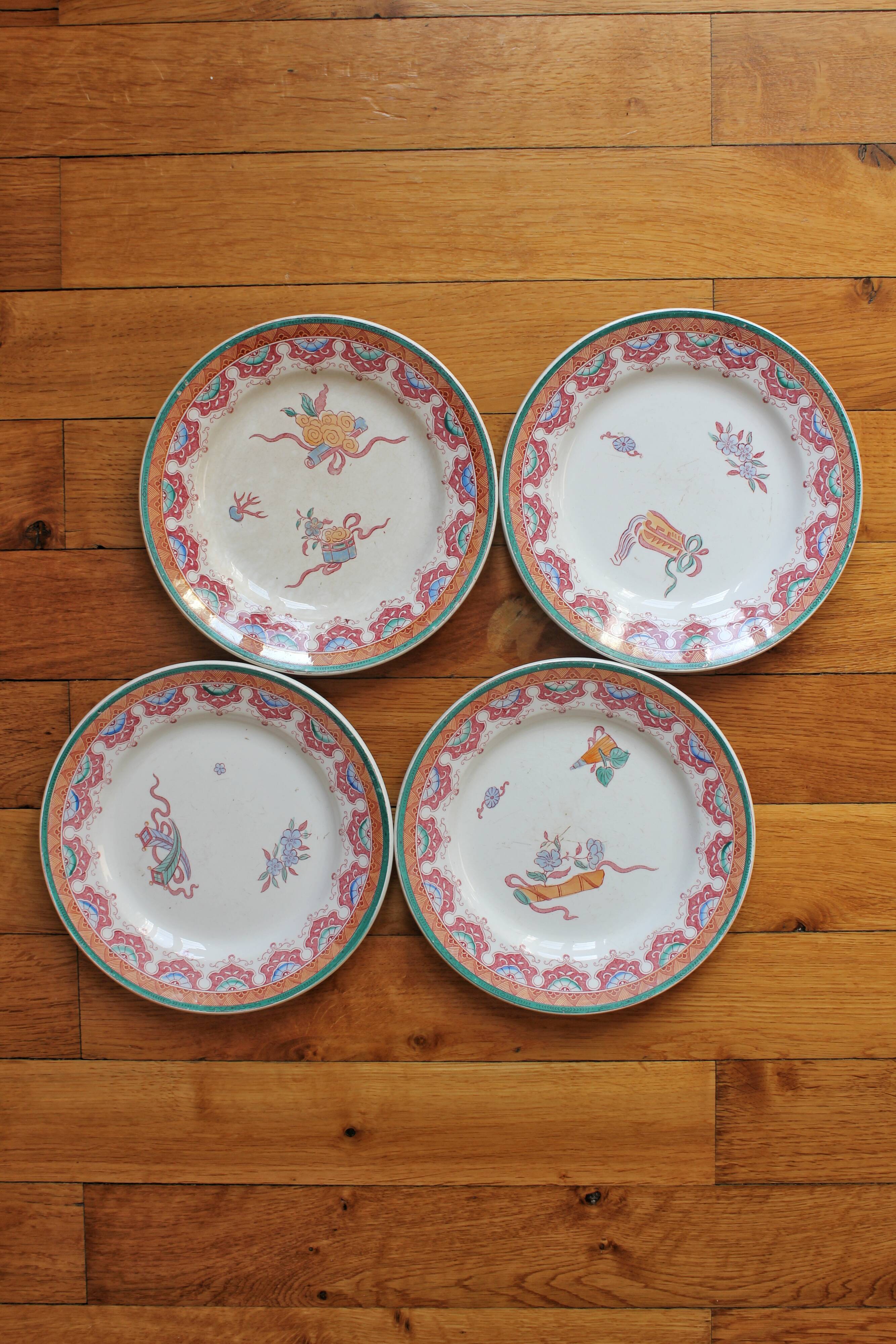 4 polychrome ironstone dessert plates, "Chinese" model, U&C Sarreguemines